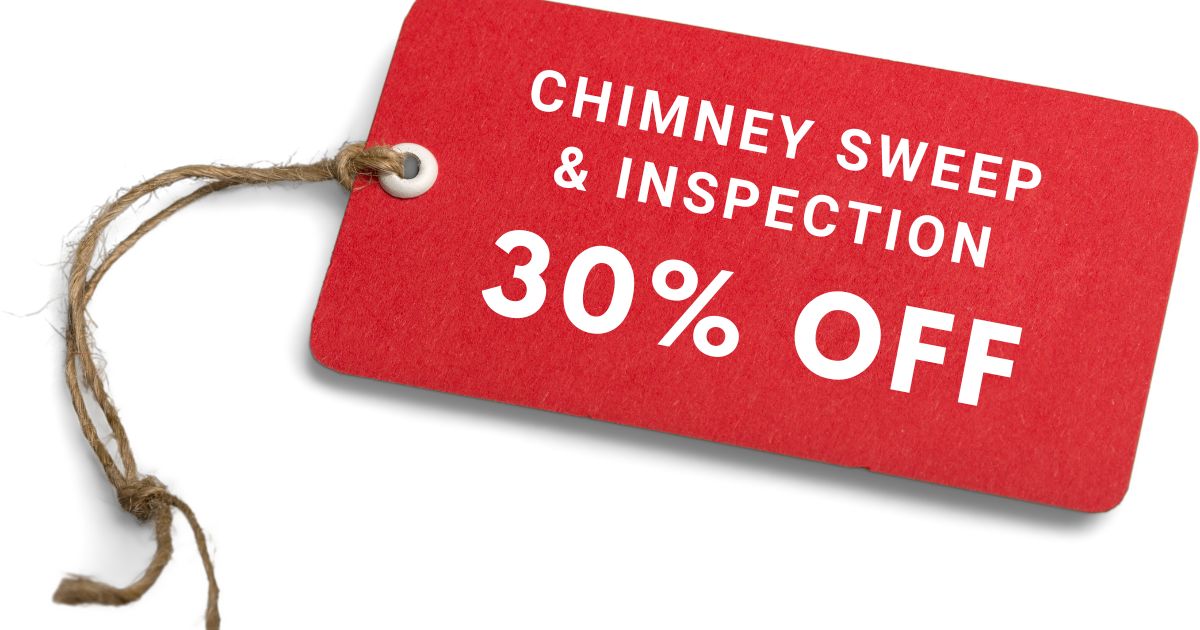 a red tag with twine tied to the side saying "chimney sweep & inspection 30% discount"